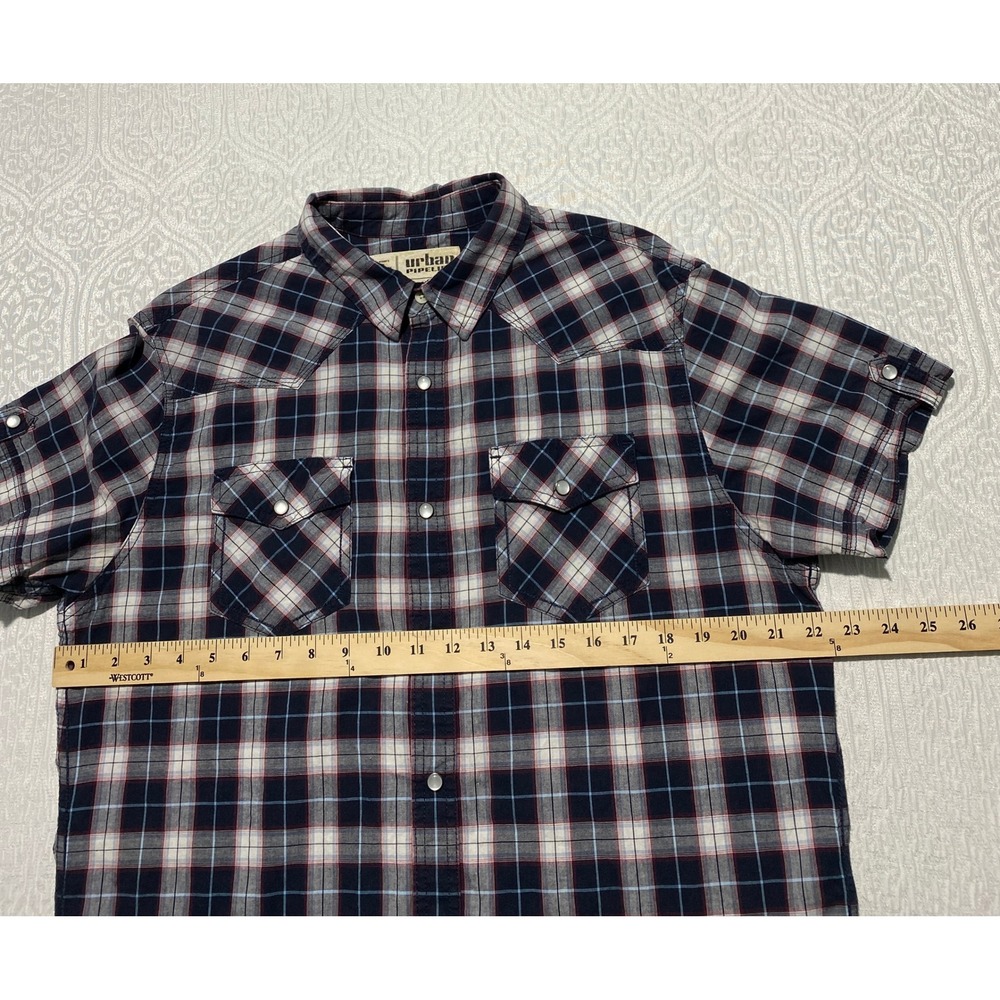 Urban Pipeline Western Rodeo Shirt Mens Large Blue Short Sleeve Plaid Pearl Snap - Picture 7 of 8